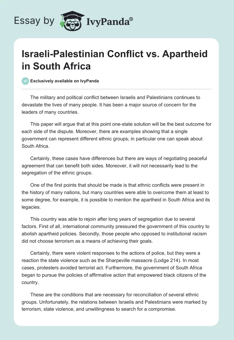 Israeli-Palestinian Conflict vs. Apartheid in South Africa. Page 1