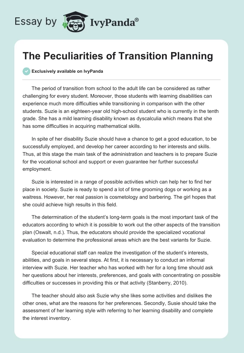 The Peculiarities of Transition Planning. Page 1