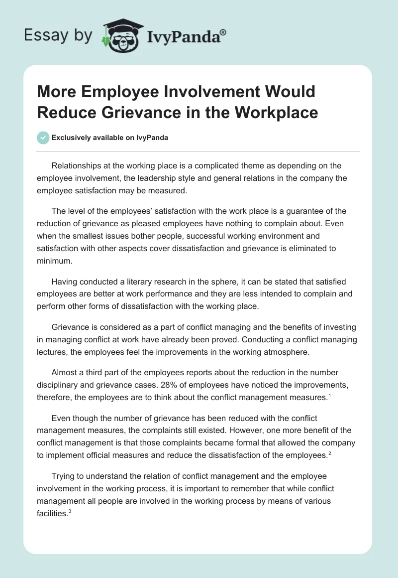More Employee Involvement Would Reduce Grievance in the Workplace. Page 1