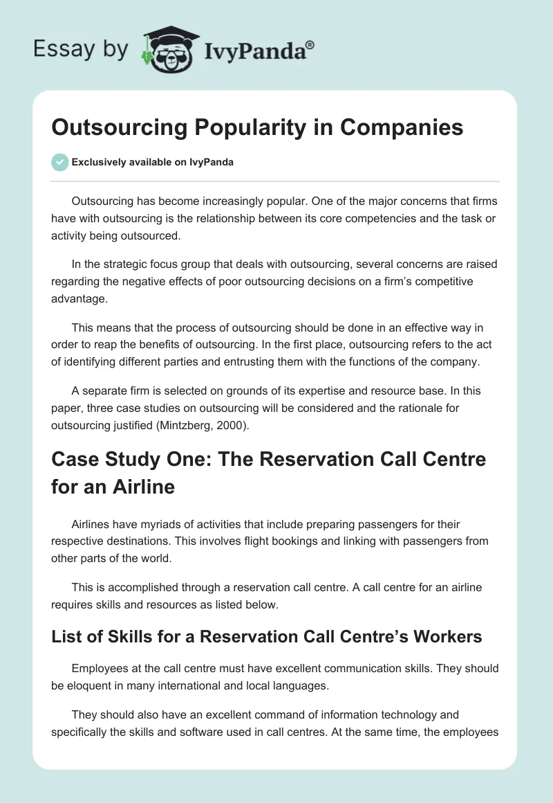 Outsourcing Popularity in Companies. Page 1