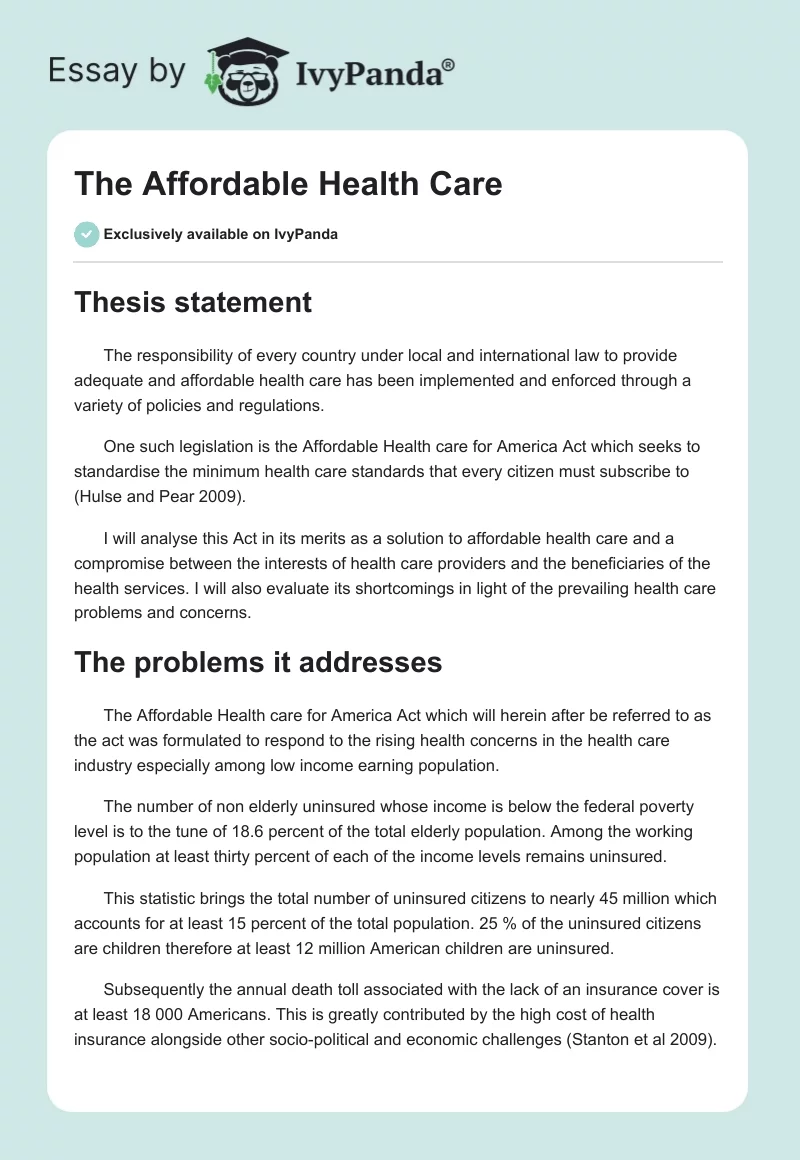 The Affordable Health Care. Page 1