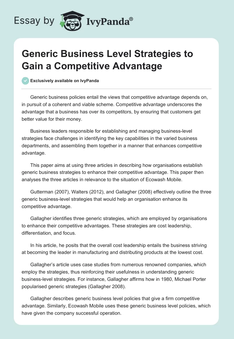 Generic Business Level Strategies to Gain a Competitive Advantage. Page 1