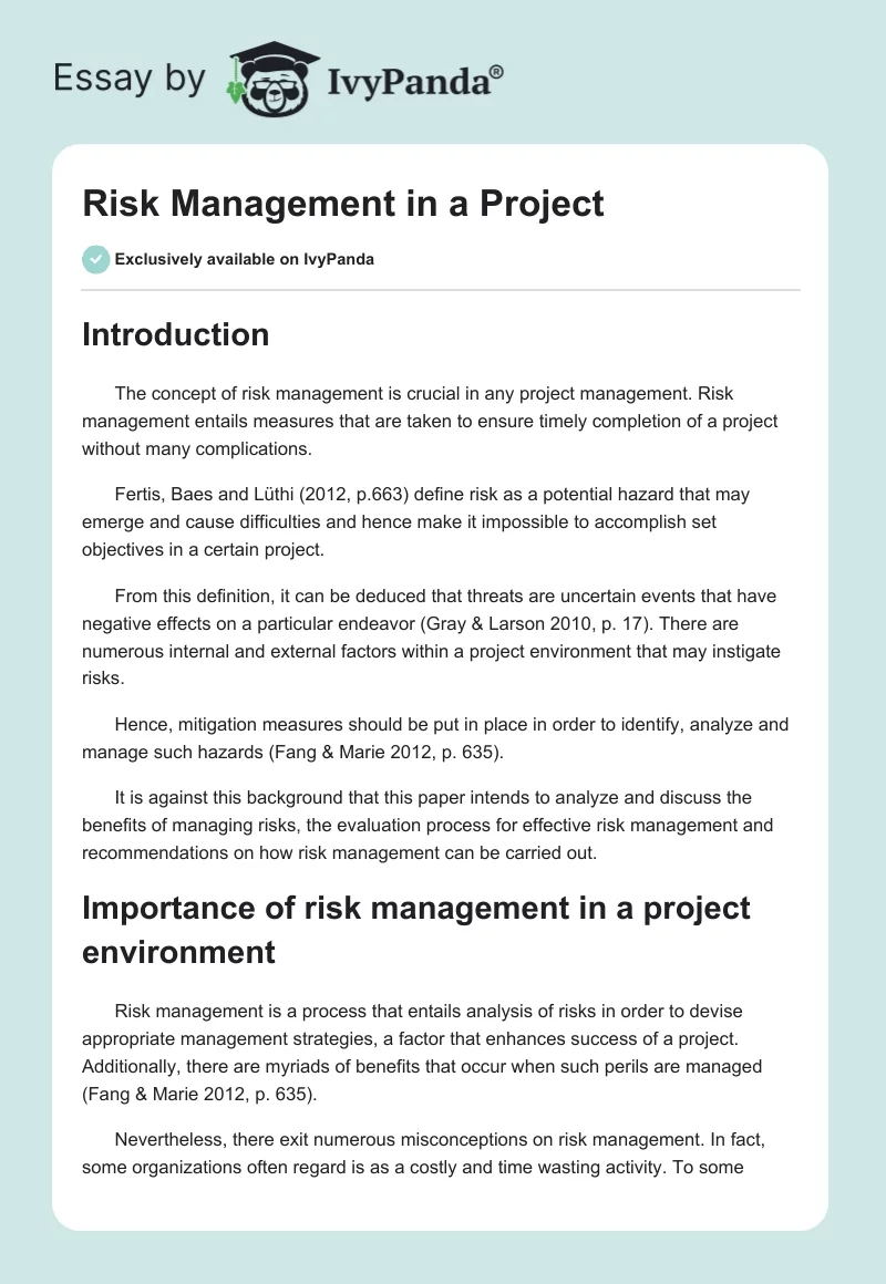 Risk Management in a Project. Page 1