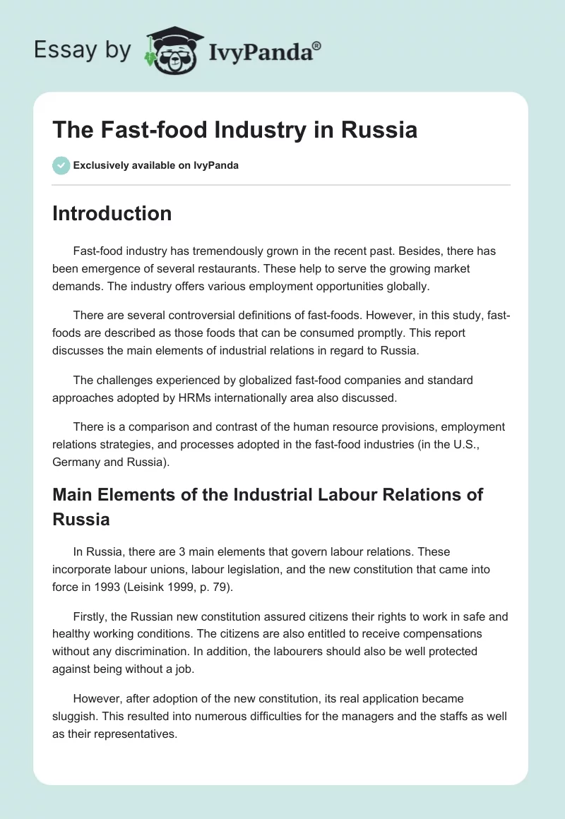 The Fast-food Industry in Russia. Page 1