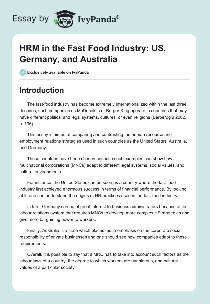 HRM in the Fast Food Industry: US, Germany, and Australia. Page 1