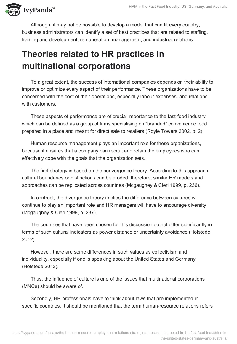 HRM in the Fast Food Industry: US, Germany, and Australia. Page 2