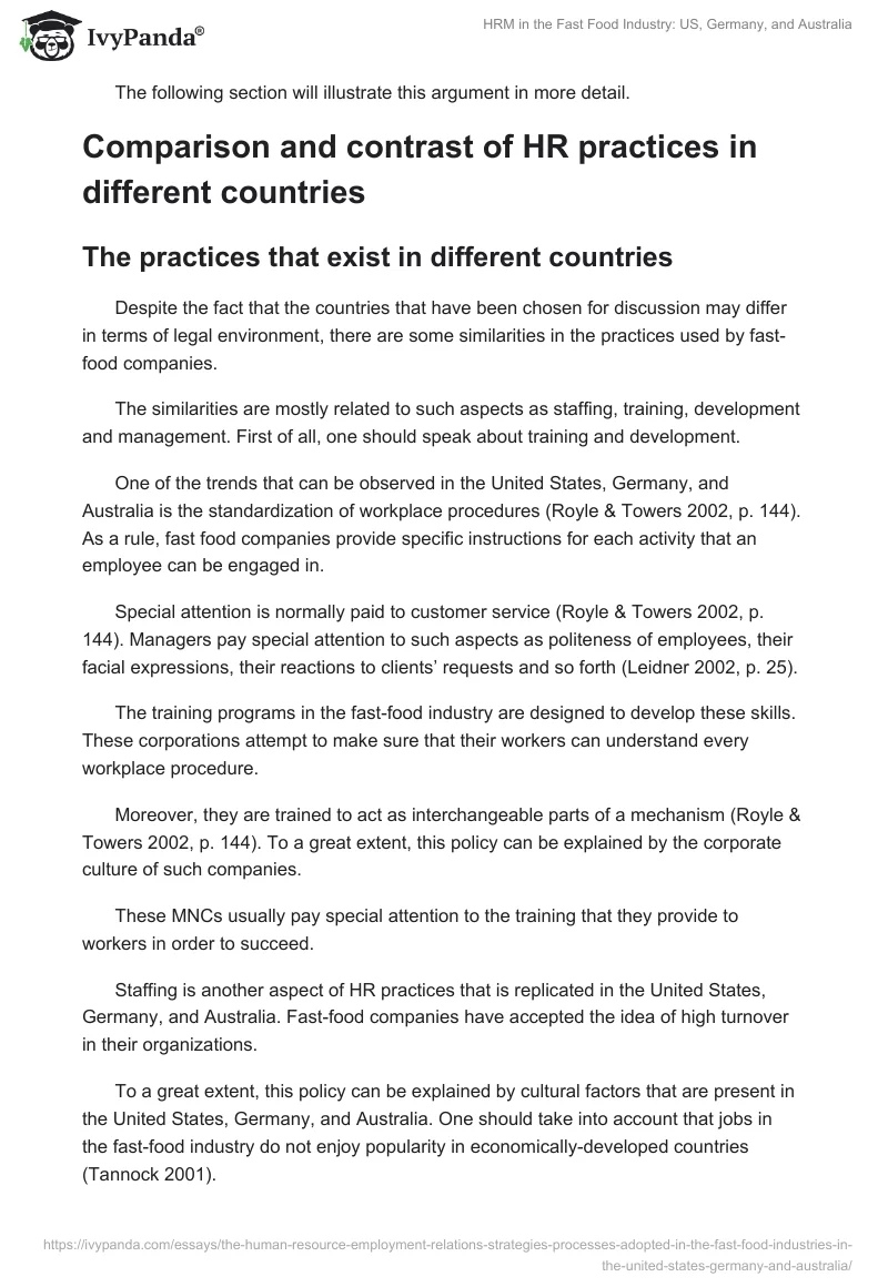 HRM in the Fast Food Industry: US, Germany, and Australia. Page 4