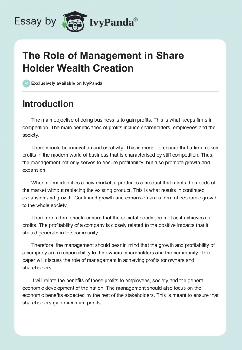 The Role of Management in Share Holder Wealth Creation. Page 1