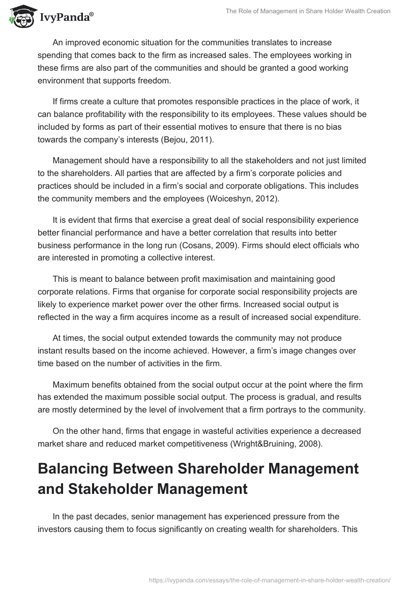 The Role of Management in Share Holder Wealth Creation. Page 5