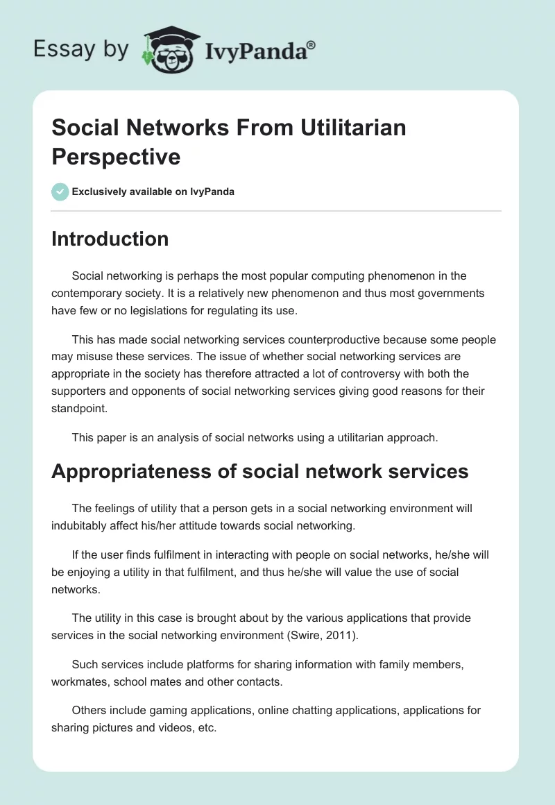 Social Networks From Utilitarian Perspective. Page 1