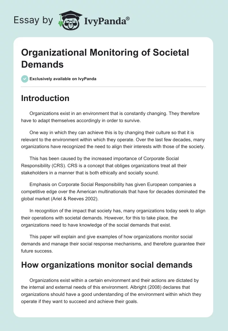 Organizational Monitoring of Societal Demands. Page 1