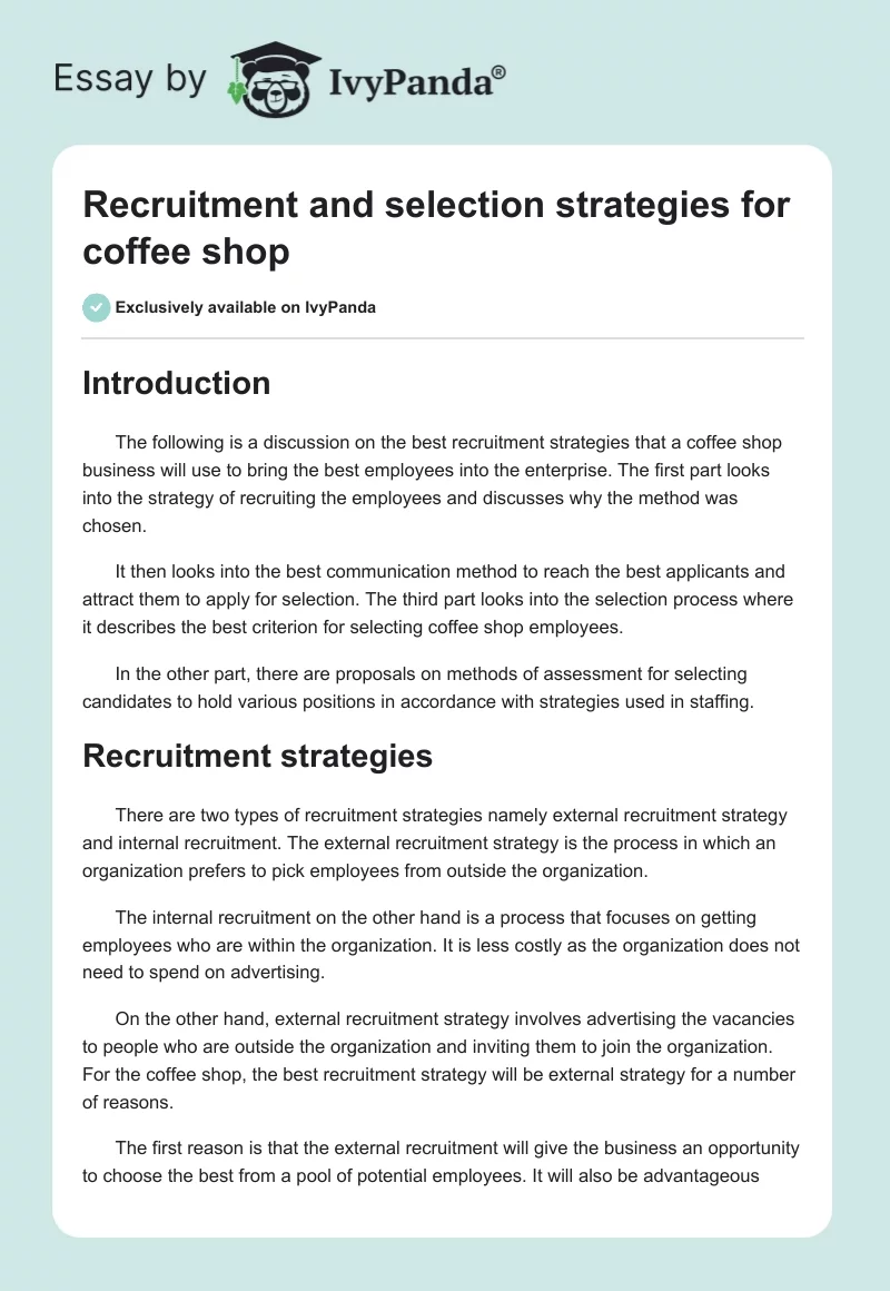 Recruitment and Selection Strategies for Coffee Shop. Page 1