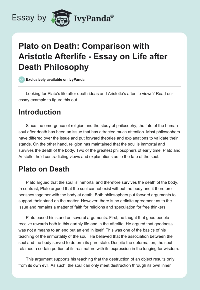 Plato on Death: Comparison With Aristotle Afterlife - Essay on Life After Death Philosophy. Page 1