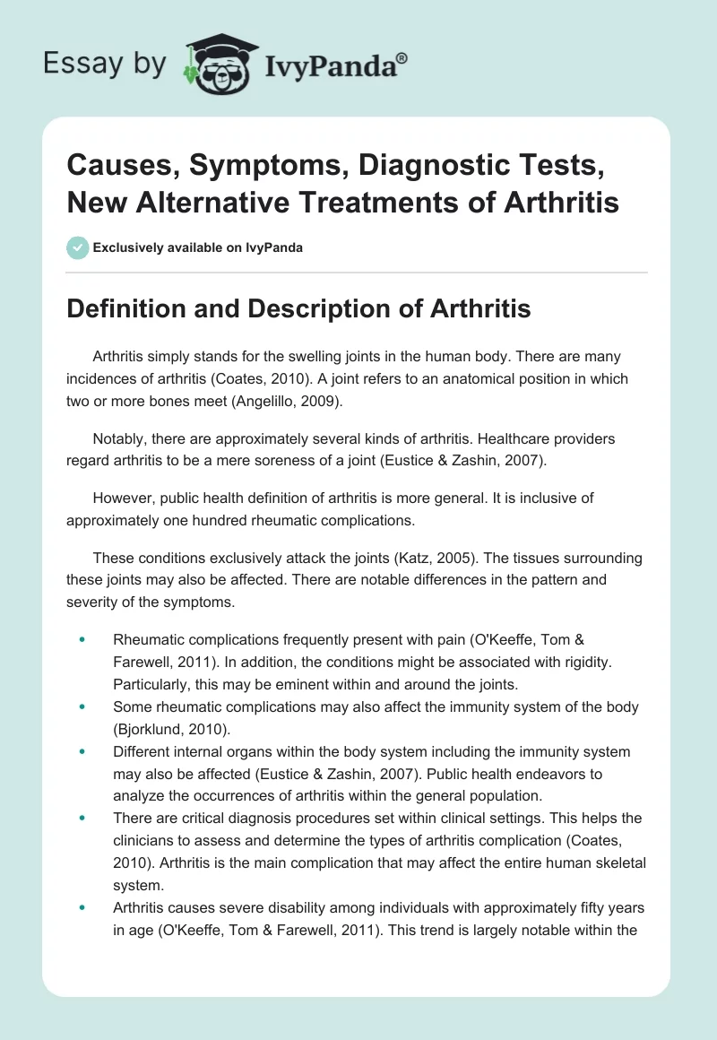 Causes, Symptoms, Diagnostic Tests, New Alternative Treatments of Arthritis. Page 1