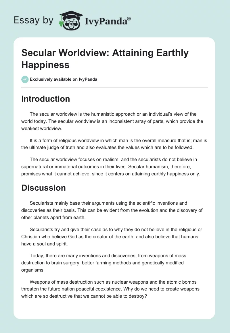 Secular Worldview: Attaining Earthly Happiness. Page 1