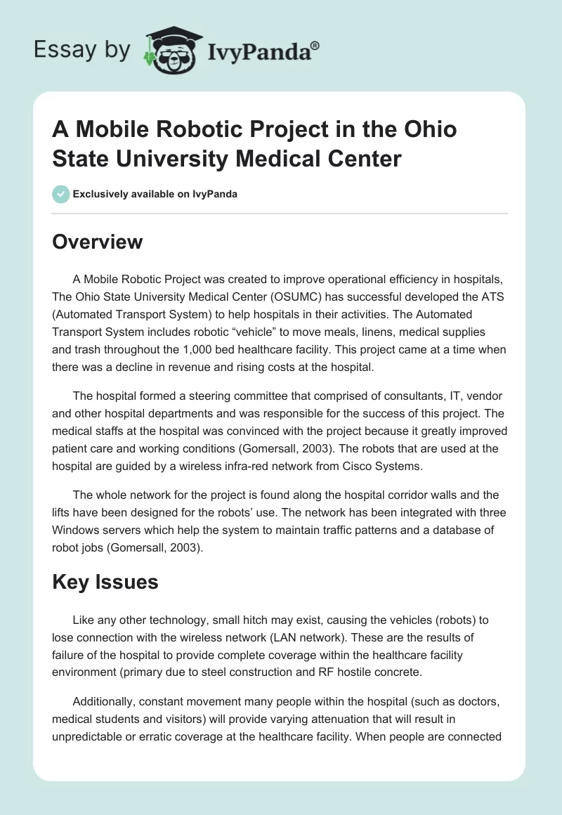 A Mobile Robotic Project in the Ohio State University Medical Center. Page 1