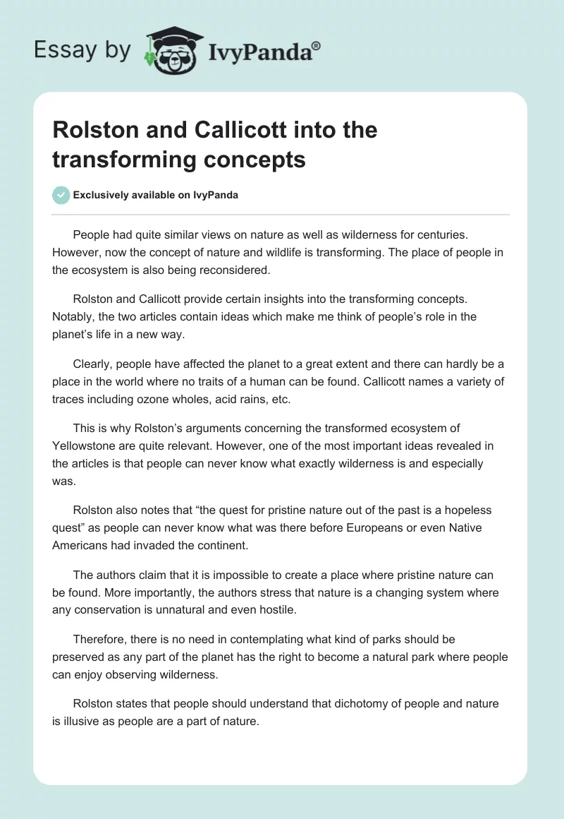 Rolston and Callicott into the transforming concepts. Page 1