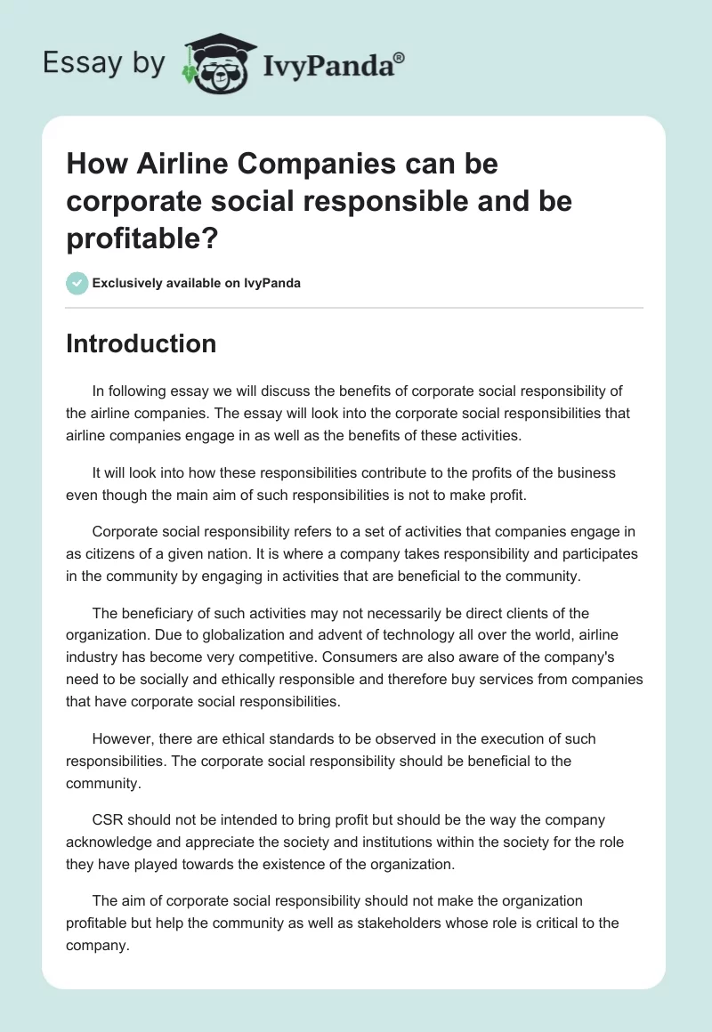 How Airline Companies Can Be Corporate Social Responsible and Be Profitable?. Page 1