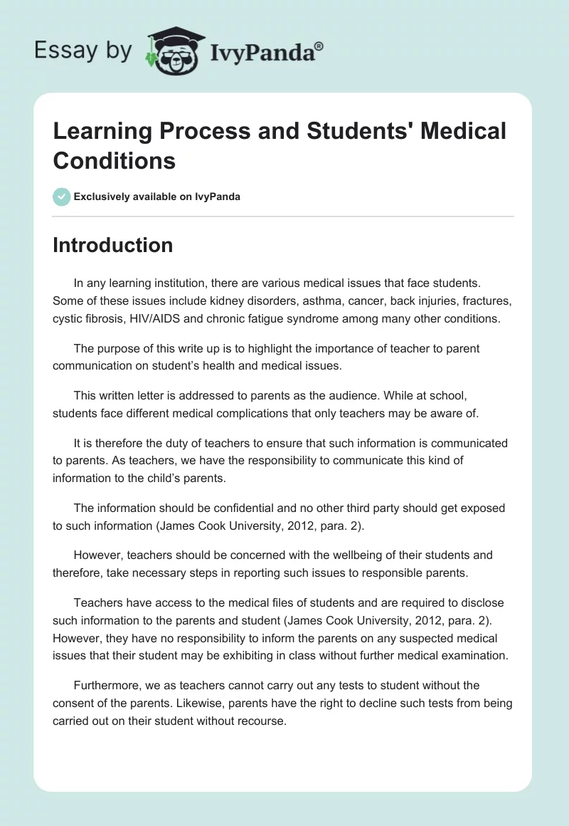 Learning Process and Students' Medical Conditions. Page 1