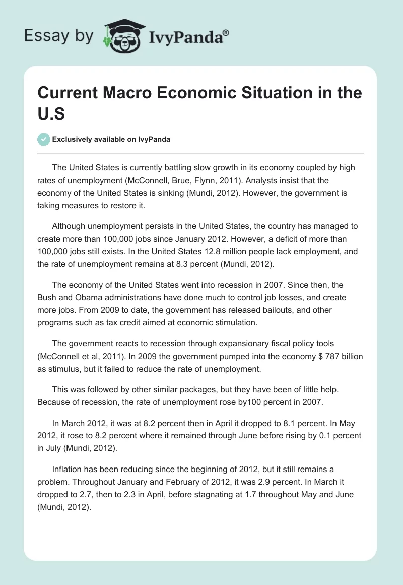 Current Macro Economic Situation in the U.S. Page 1