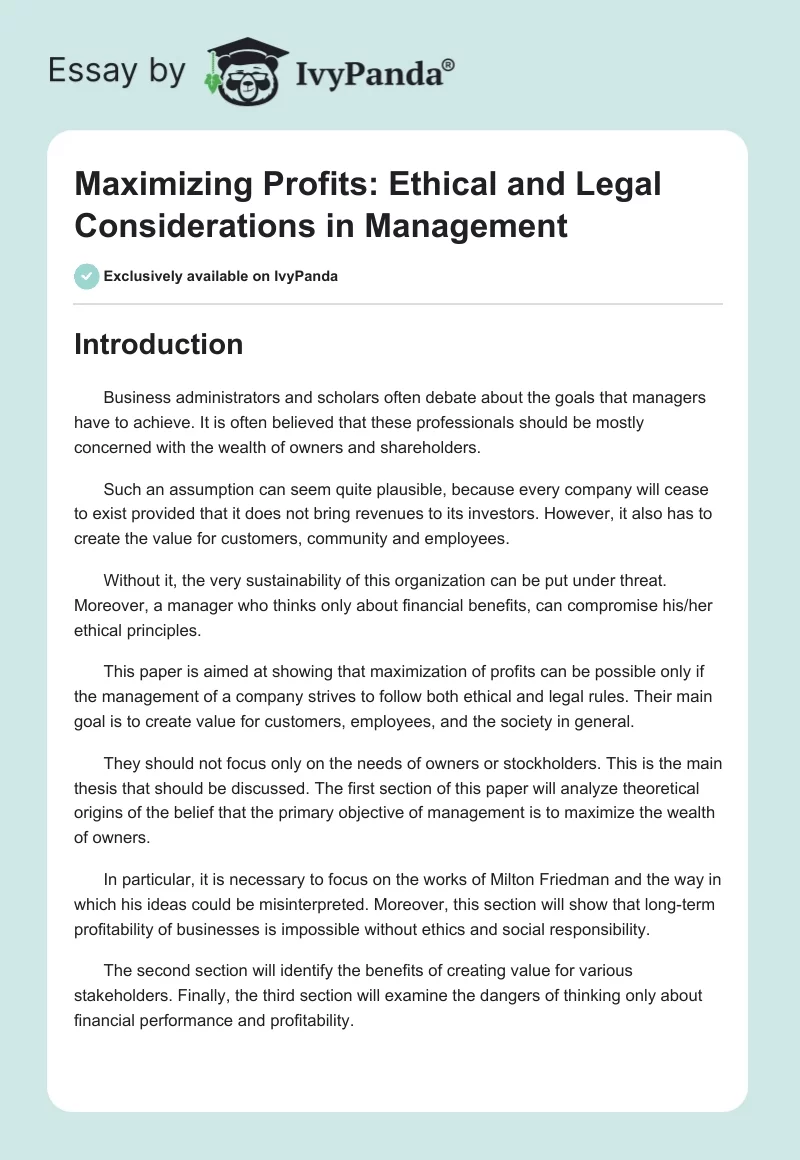 Maximizing Profits: Ethical and Legal Considerations in Management. Page 1