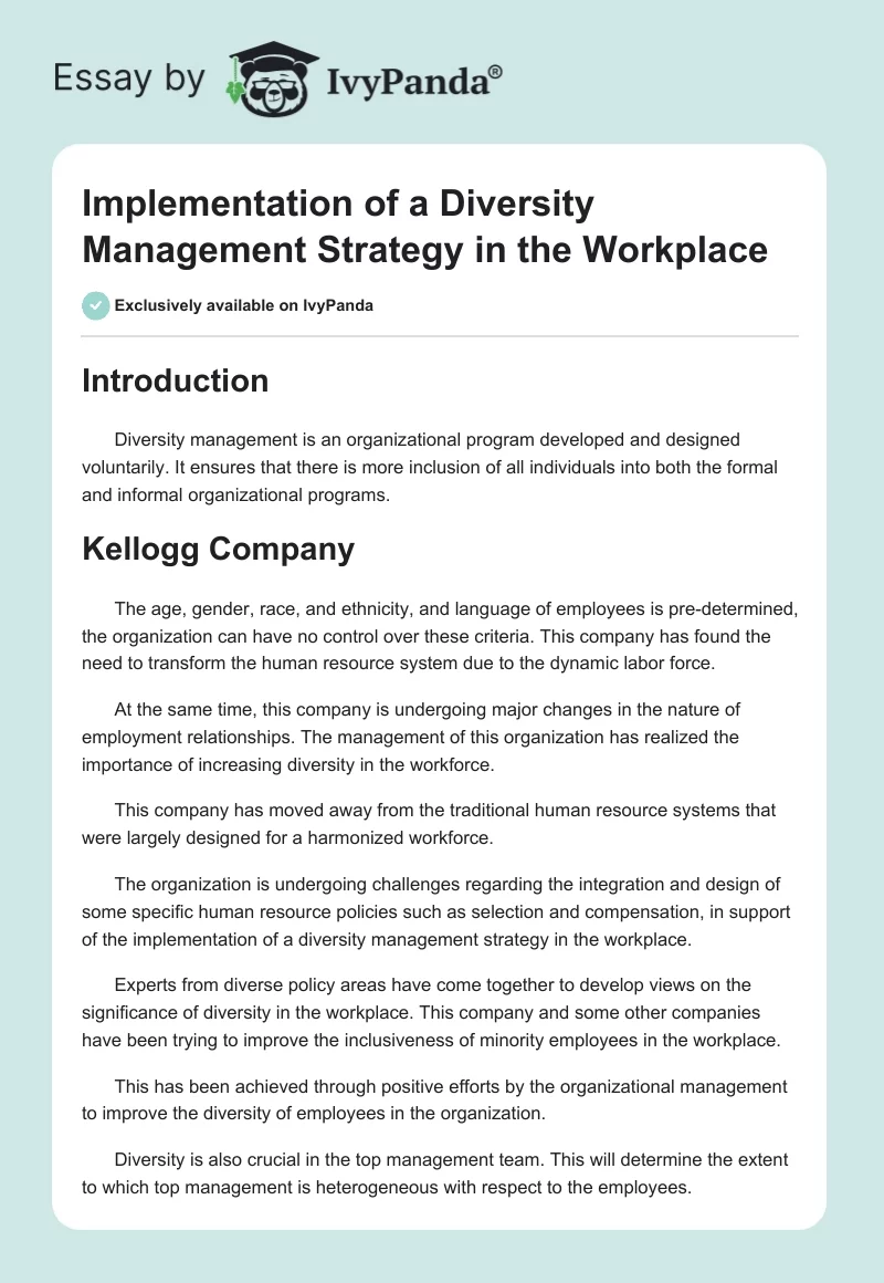 Implementation of a Diversity Management Strategy in the Workplace. Page 1