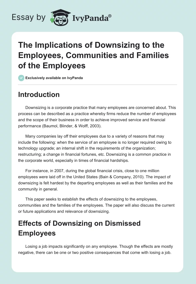 The Implications of Downsizing to the Employees, Communities and Families of the Employees. Page 1
