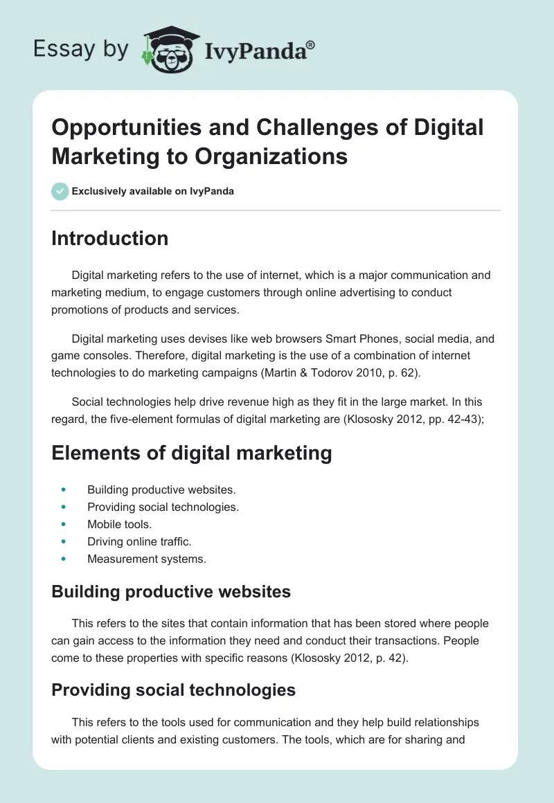 Opportunities and Challenges of Digital Marketing to Organizations. Page 1
