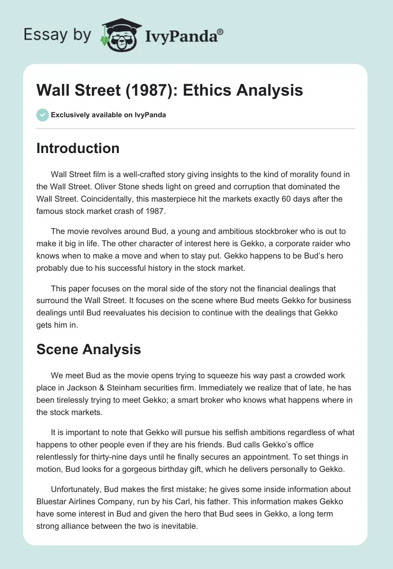 Wall Street (1987): Ethics Analysis. Page 1