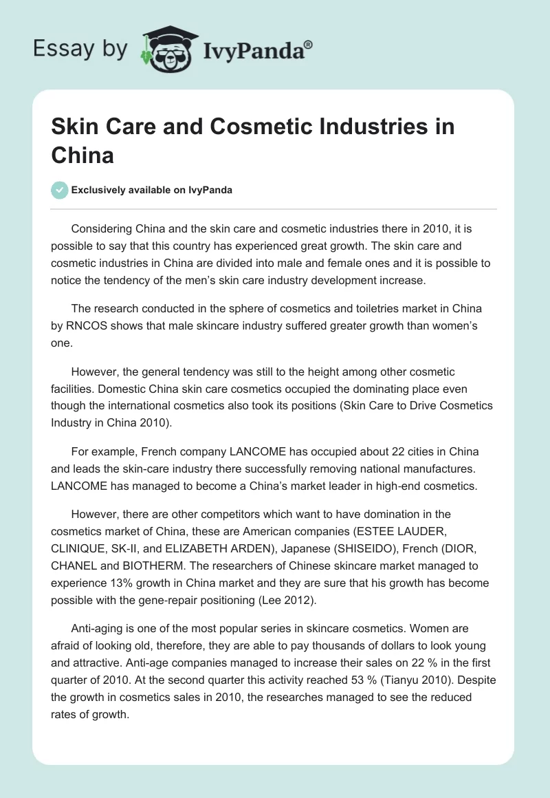 Skin Care and Cosmetic Industries in China. Page 1
