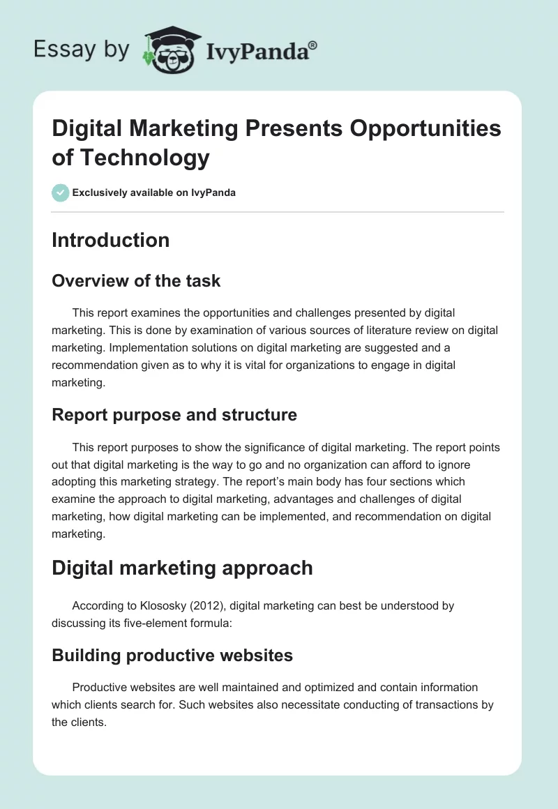 Digital Marketing Presents Opportunities for Technology. Page 1