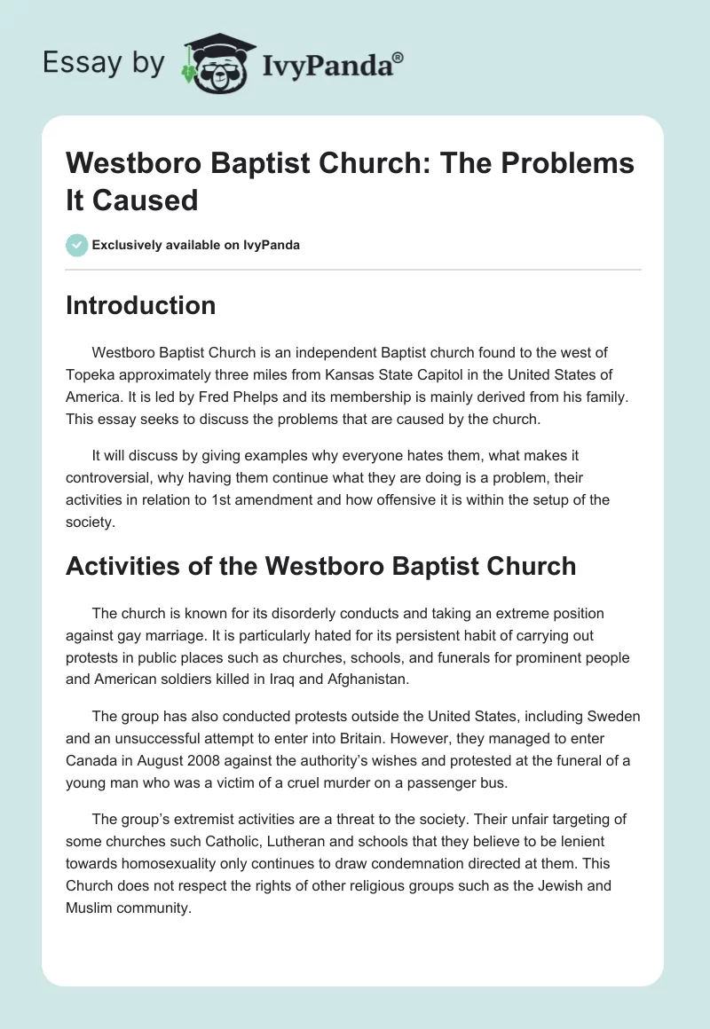 Westboro Baptist Church: The Problems It Caused. Page 1