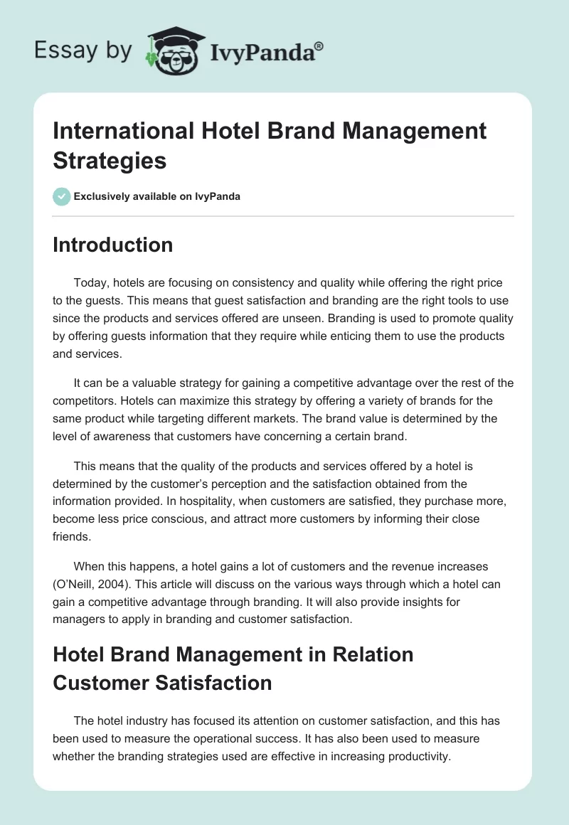 International Hotel Brand Management Strategies. Page 1