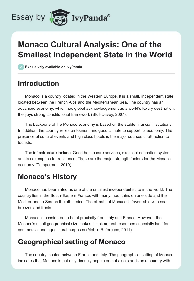 Monaco Cultural Analysis: One of the Smallest Independent State in the World. Page 1