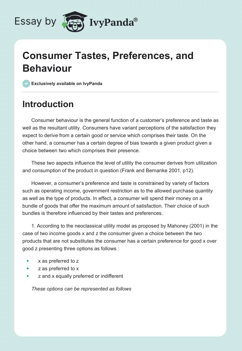 Consumer Tastes, Preferences, and Behaviour. Page 1