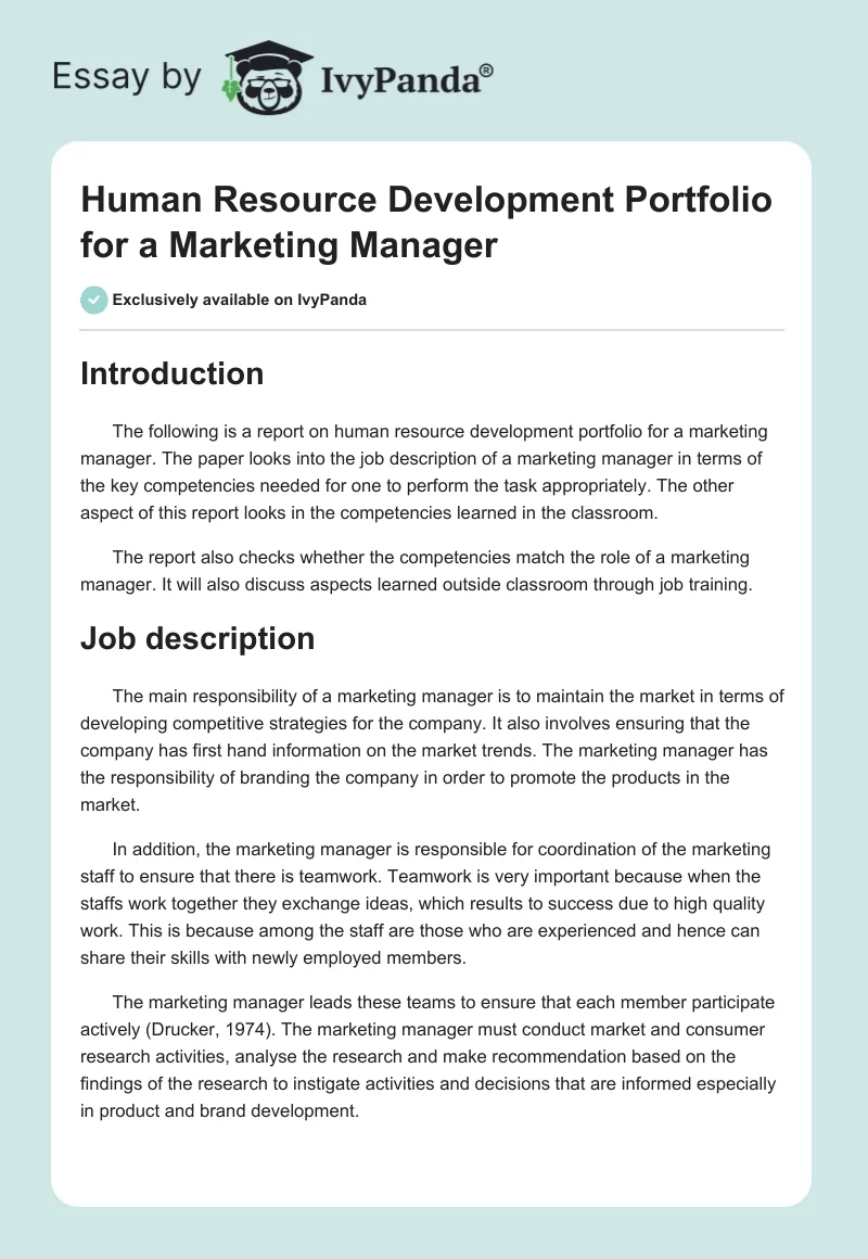 Human Resource Development Portfolio for a Marketing Manager. Page 1