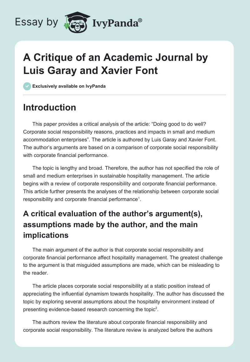 A Critique of an Academic Journal by Luis Garay and Xavier Font. Page 1