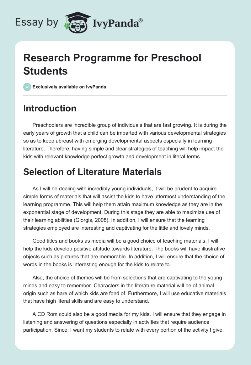 Research Programme for Preschool Students. Page 1