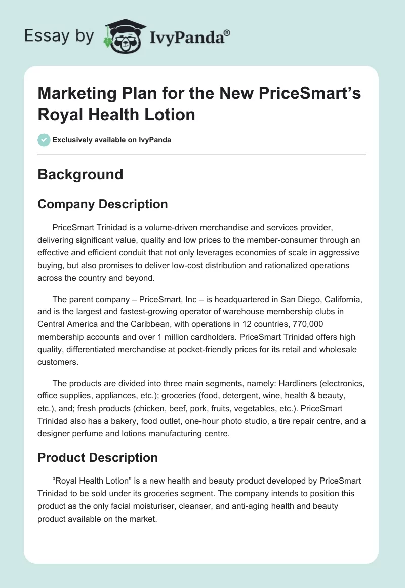 Marketing Plan for the New PriceSmart’s Royal Health Lotion. Page 1