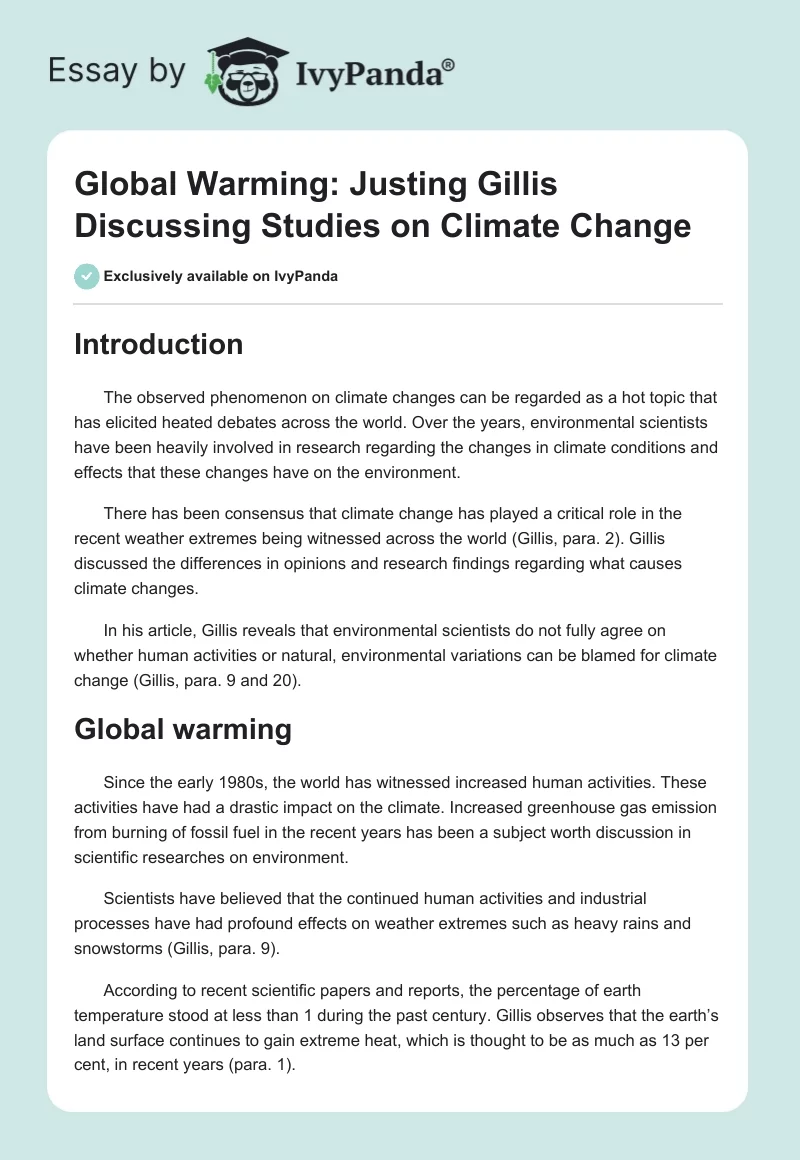 Global Warming: Justing Gillis Discussing Studies on Climate Change. Page 1