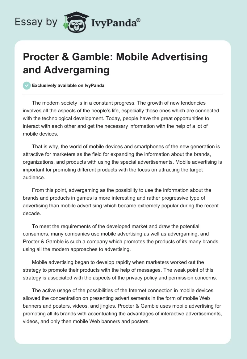 Procter & Gamble: Mobile Advertising and Advergaming. Page 1
