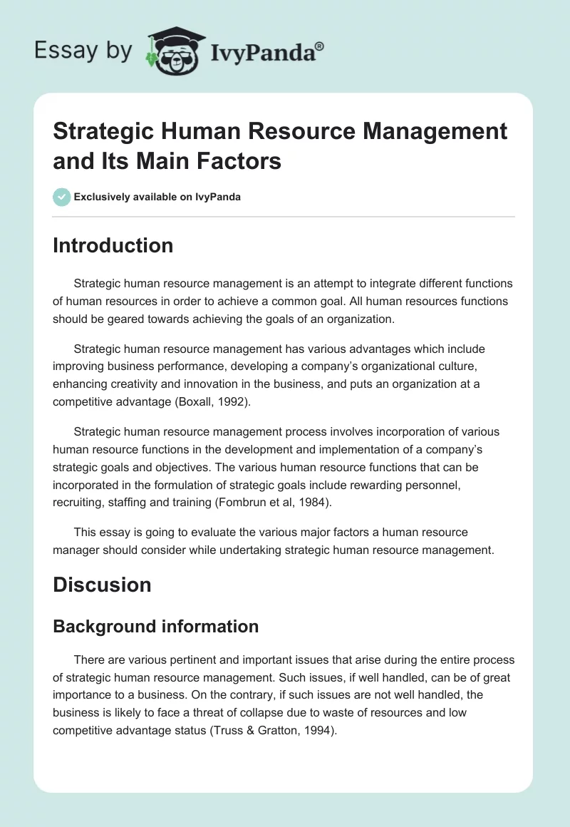 Strategic Human Resource Management and Its Main Factors. Page 1