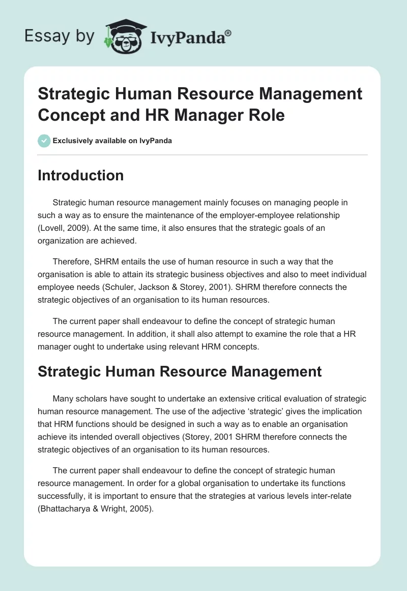 Strategic Human Resource Management Concept and HR Manager Role. Page 1
