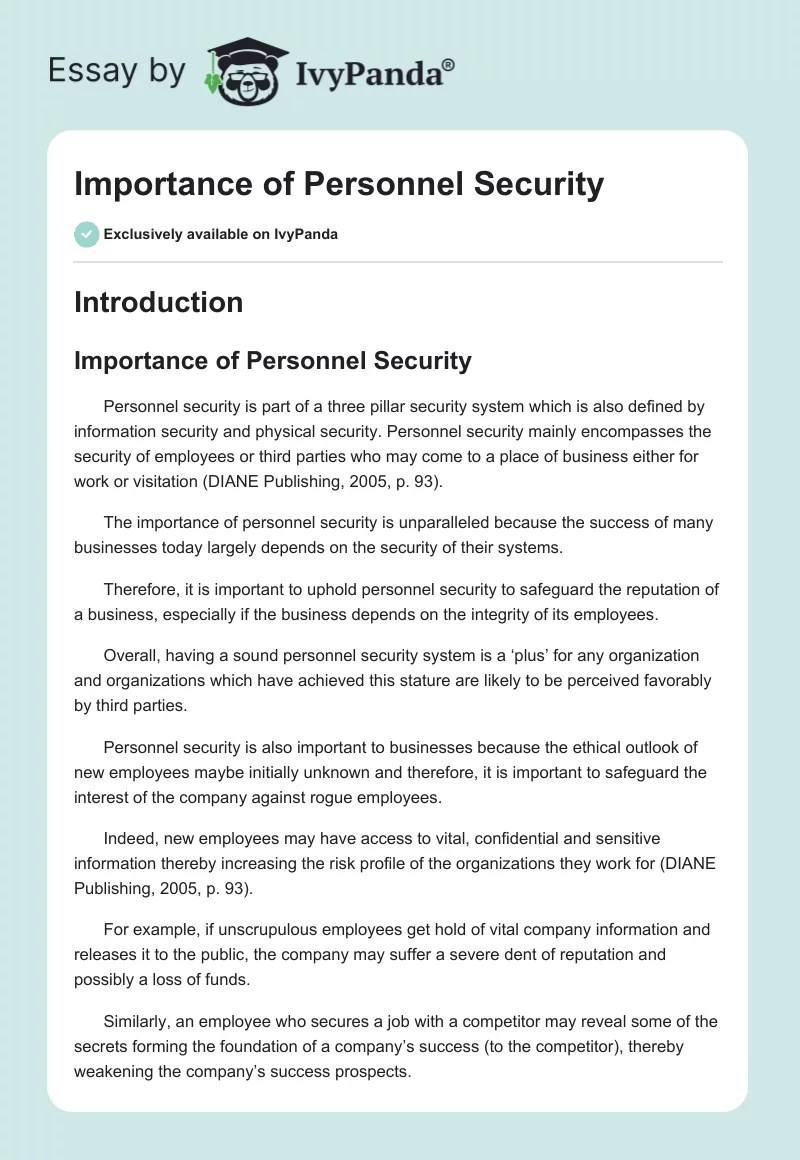 Importance of Personnel Security. Page 1
