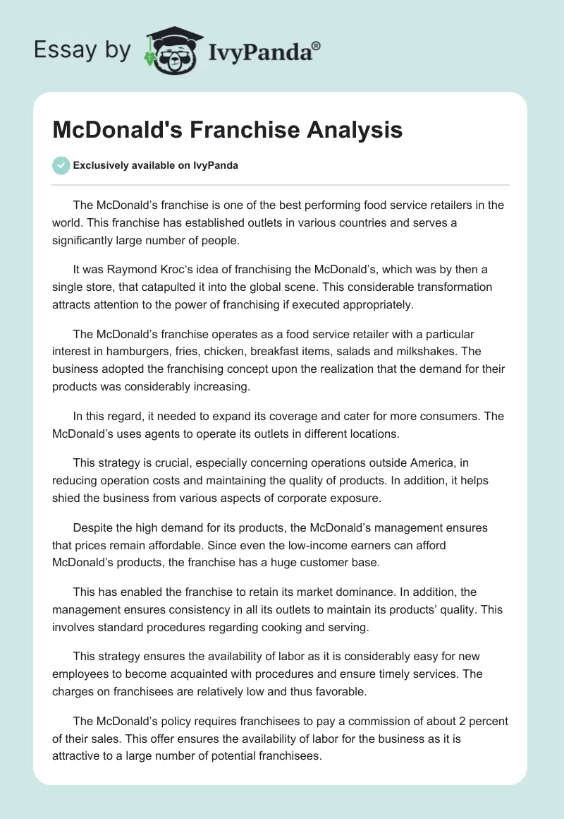 McDonald's Franchise Analysis - 544 Words | Assessment Example