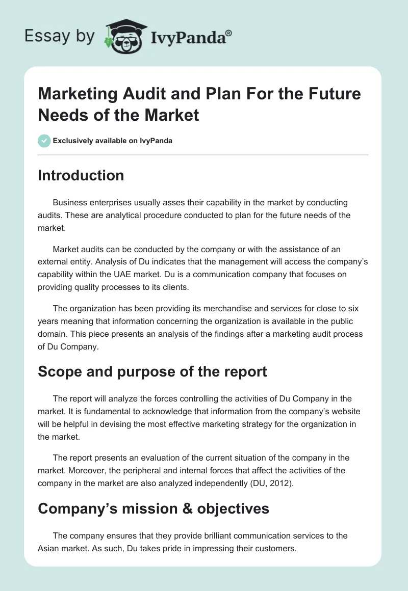 Marketing Audit and Plan For the Future Needs of the Market. Page 1