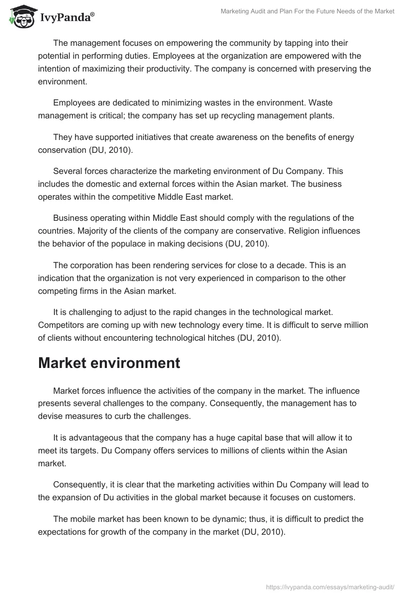Marketing Audit and Plan For the Future Needs of the Market. Page 2