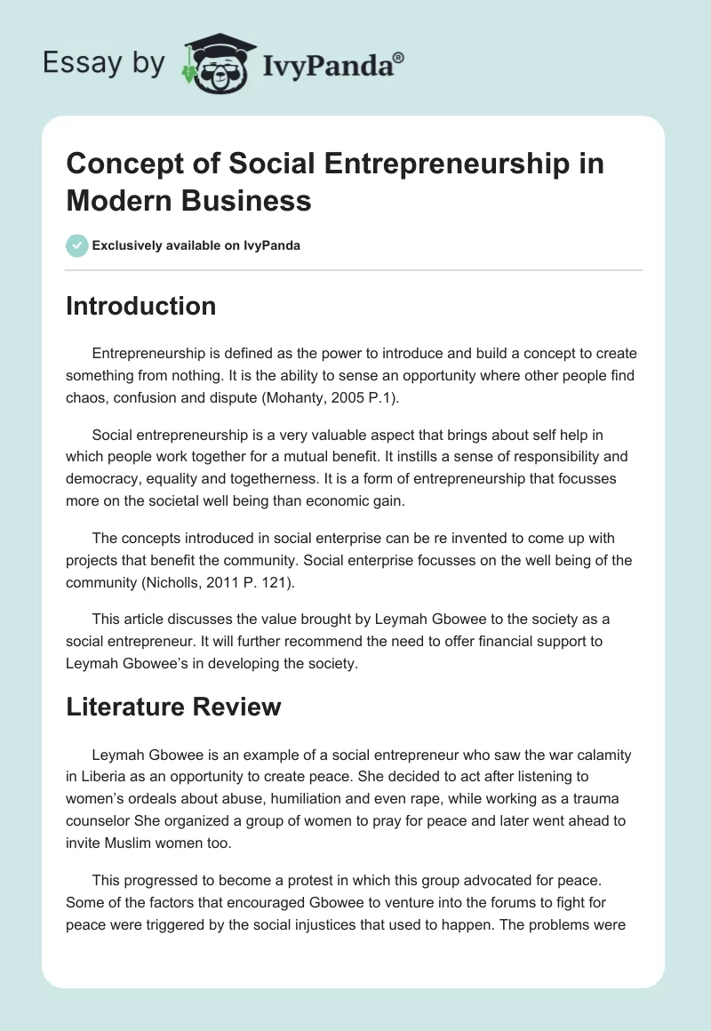 Concept of Social Entrepreneurship in Modern Business. Page 1