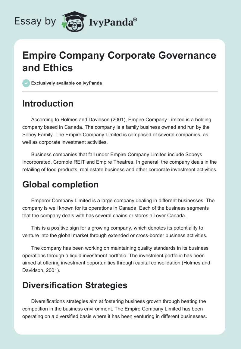 Empire Company Corporate Governance and Ethics. Page 1
