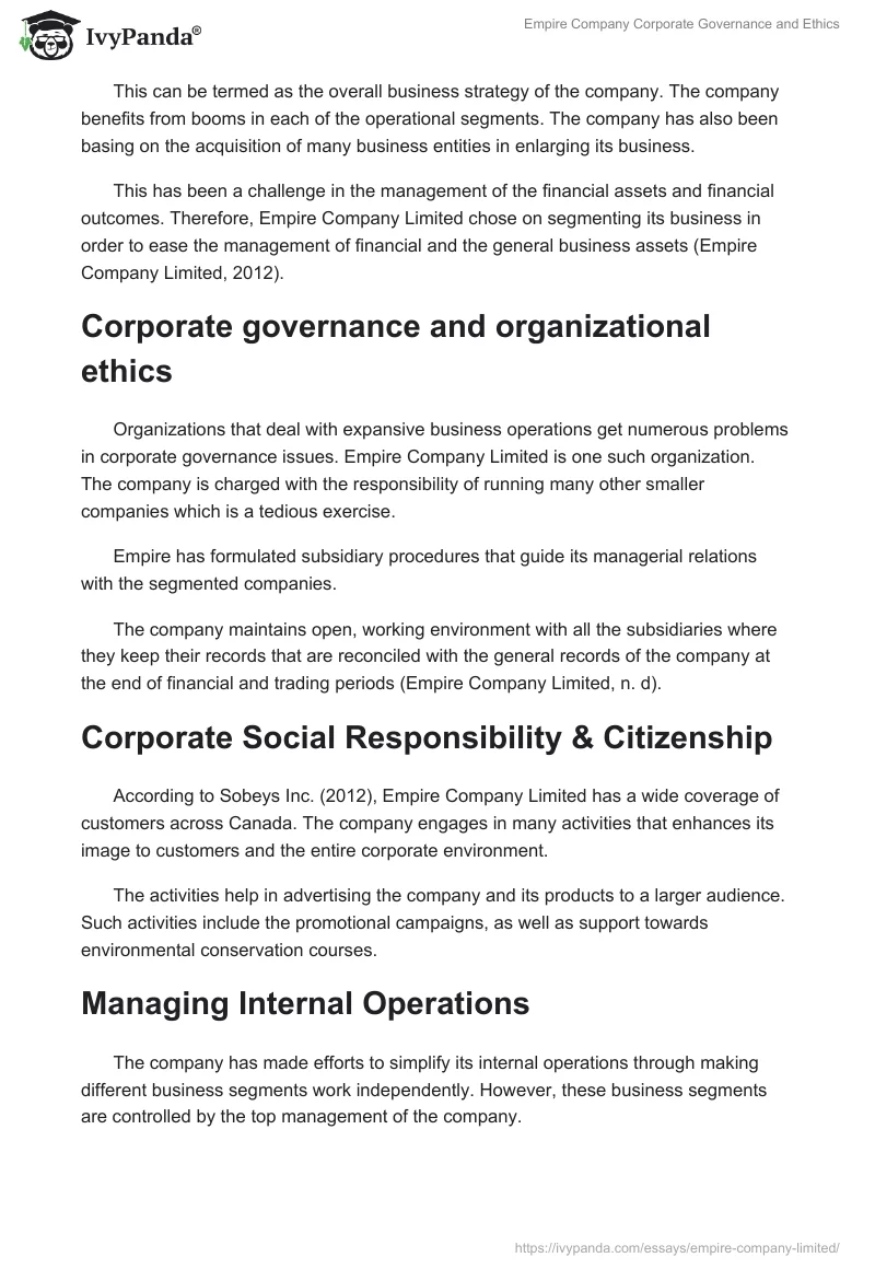 Empire Company Corporate Governance and Ethics. Page 2